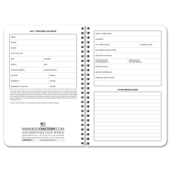 BookFactory GLP-1 Tracking Log Book / 6" x 9" Wire-O 104 pages (Made in USA) BookFactory GLP-1 Tracking Log Book / 6" x 9" Wire-O 104 pages (Made in USA)