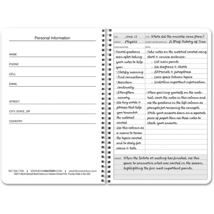 BookFactory Universal Note Taking System (Cornell Notes) / NoteTaking  Notebook - 120 Pages, 8 1/2 x 11 - Wire-O (LOG-120-7CW-A(Universal-Note))